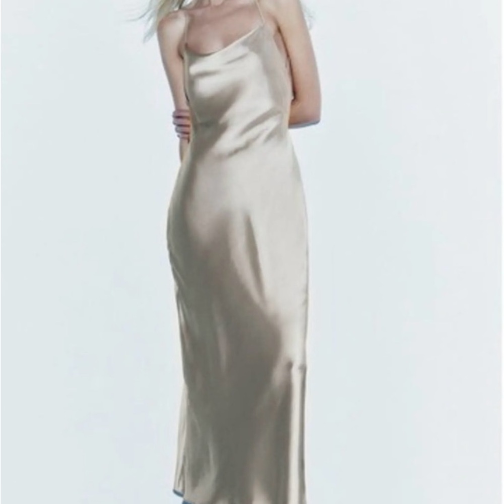 Zara Champagne Satin Midi Dress - Picture 2 of 7